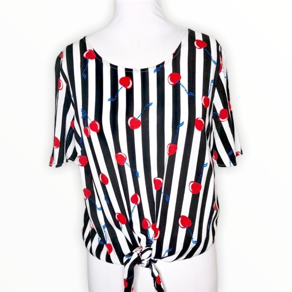 Cynthia Rowley Cherry Stripe Tie Front Top Retro Style Blouse - Picture 10 of 10
